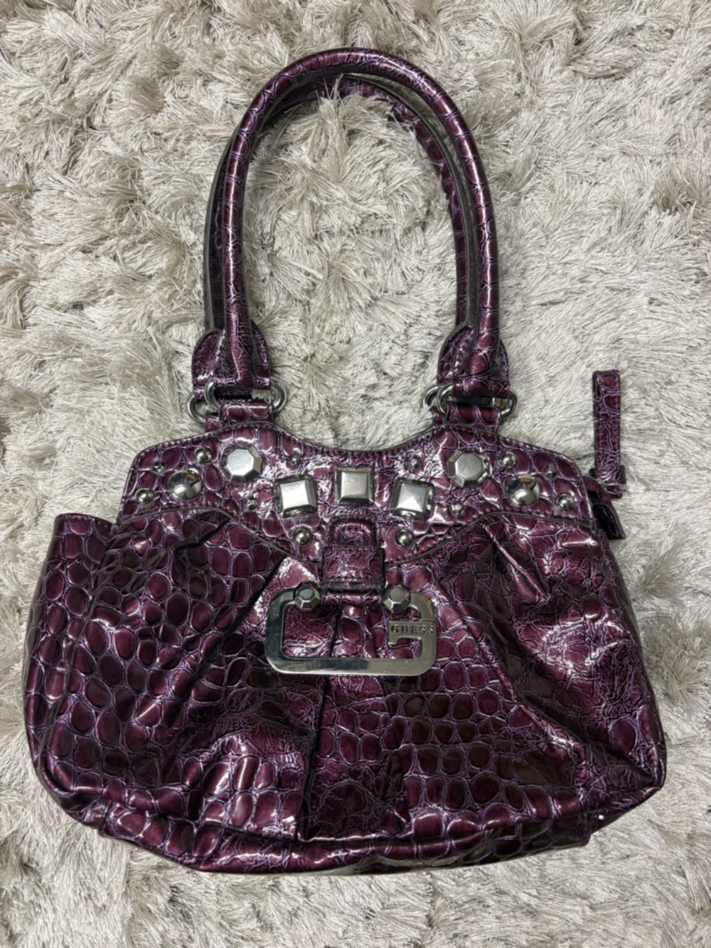 Guess Metallic Plum Croc-Embossed Satchel Handbag